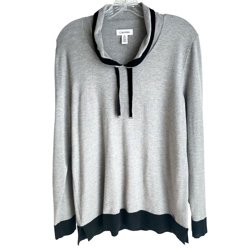 Calvin Klein Gray Long Sleeve Sweater with Black Trim and Tie Size Medium